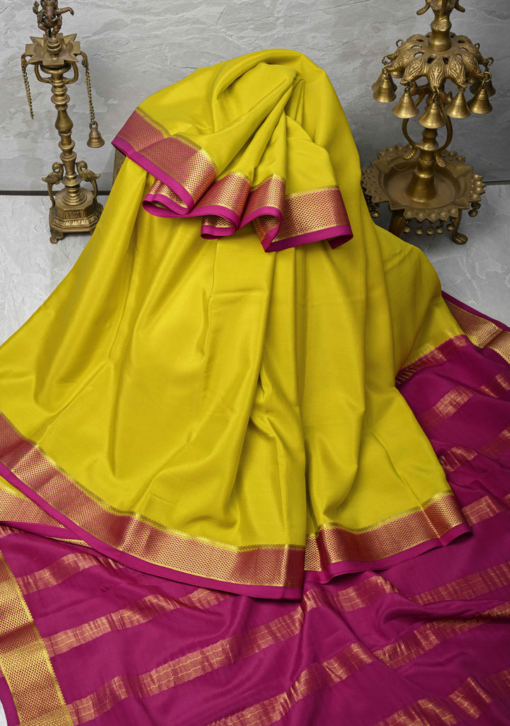 Lemon Yellow Mysore Silk Saree with Zari borders in Ksic Grade thickness | SILK MARK CERTIFIED