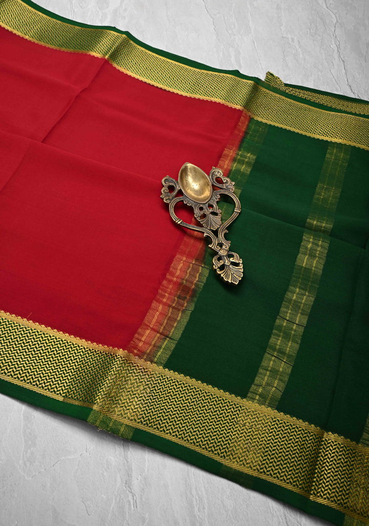 Red Mysore Silk Saree with Zari borders in Ksic Grade thickness | SILK MARK CERTIFIED