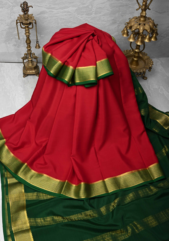 Red Mysore Silk Saree with Zari borders in Ksic Grade thickness | SILK MARK CERTIFIED