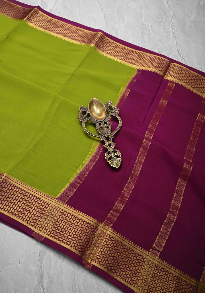 Sap Green Mysore Silk Saree with Zari borders in Ksic Grade thickness | SILK MARK CERTIFIED