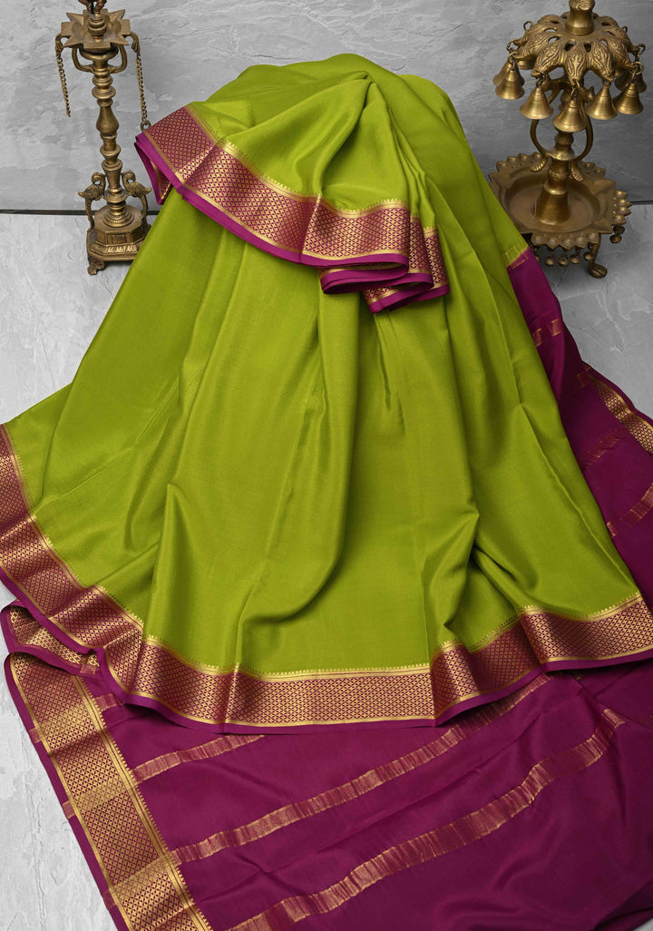 Sap Green Mysore Silk Saree with Zari borders in Ksic Grade thickness | SILK MARK CERTIFIED