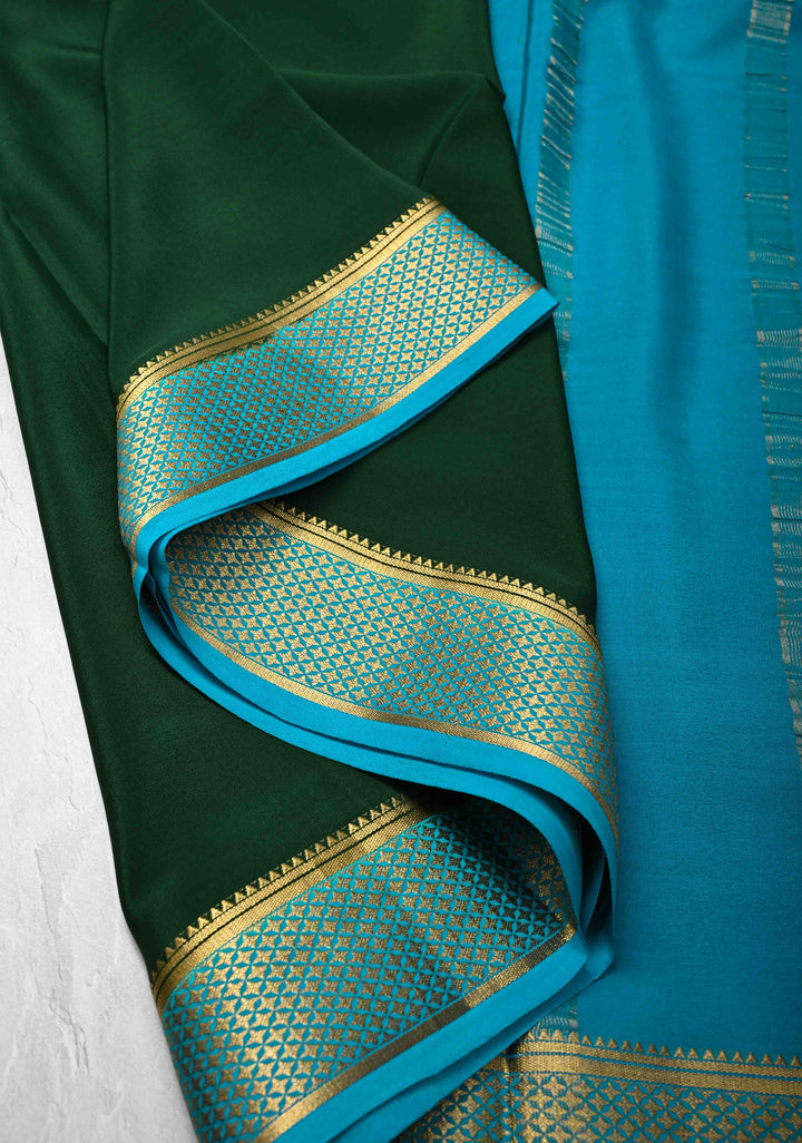Dark Green Mysore Silk Saree with Zari borders in Ksic Grade thickness | SILK MARK CERTIFIED