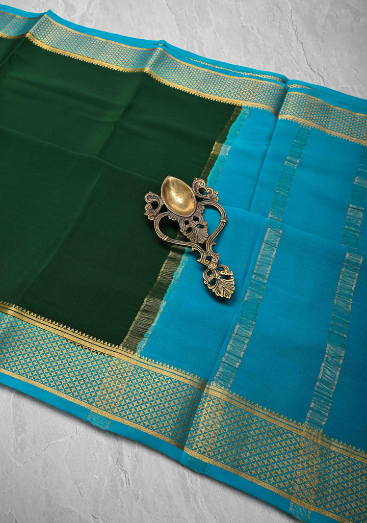 Dark Green Mysore Silk Saree with Zari borders in Ksic Grade thickness | SILK MARK CERTIFIED