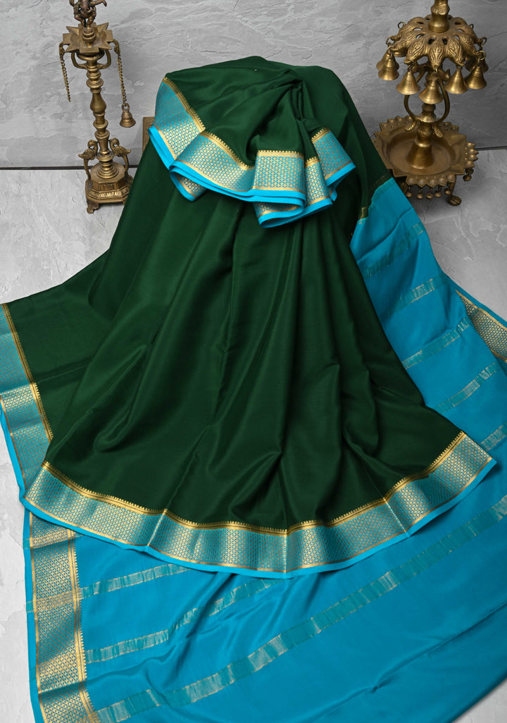 Dark Green Mysore Silk Saree with Zari borders in Ksic Grade thickness | SILK MARK CERTIFIED