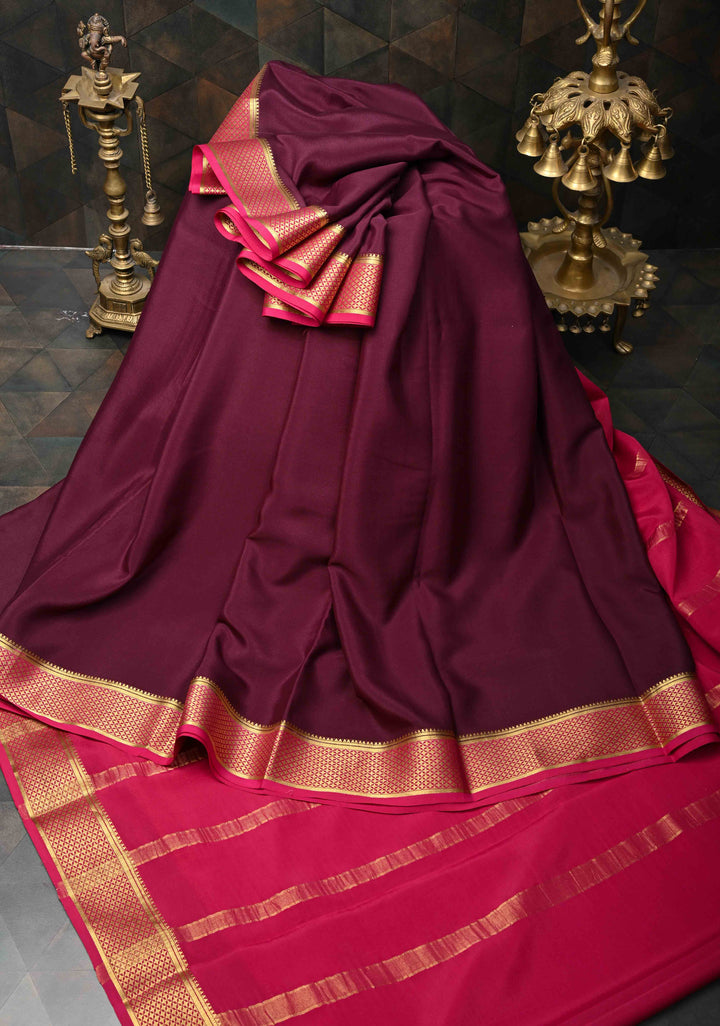 Plum Mysore Silk Saree with Zari borders in Ksic Grade thickness | SILK MARK CERTIFIED
