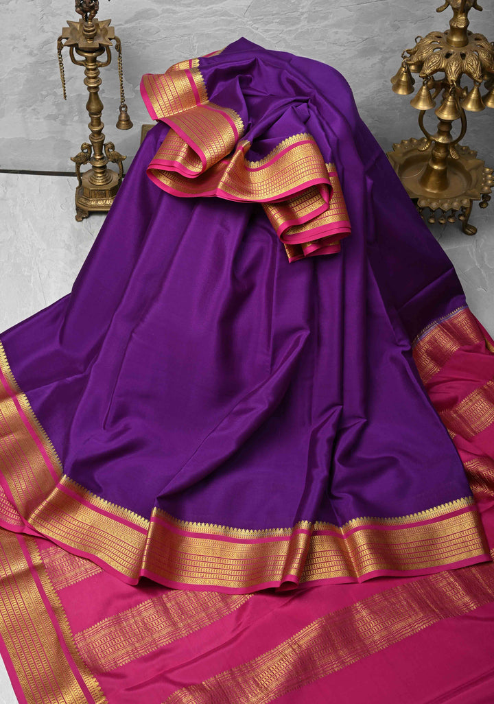 Purple Mysore Silk Saree with Zari borders in Ksic Grade thickness | SILK MARK CERTIFIED