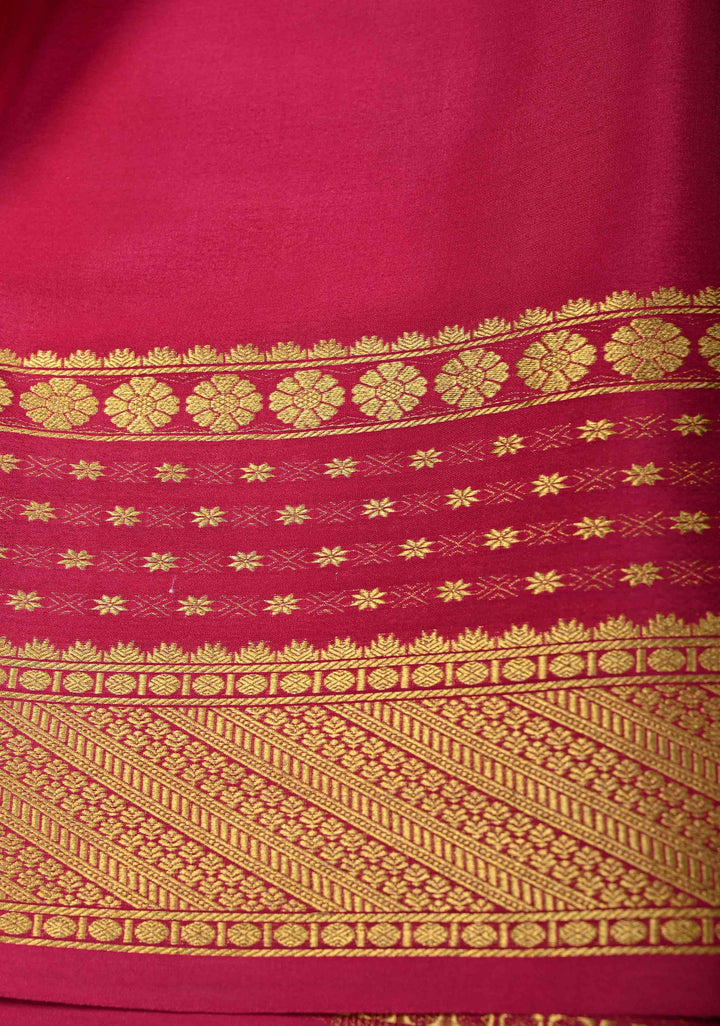 Burgundy Mysore Silk Saree with Horizontal Zari Stripes and Contrast Zari Border in KSIC Grade Thickness | SILK MARK CERTIFIED