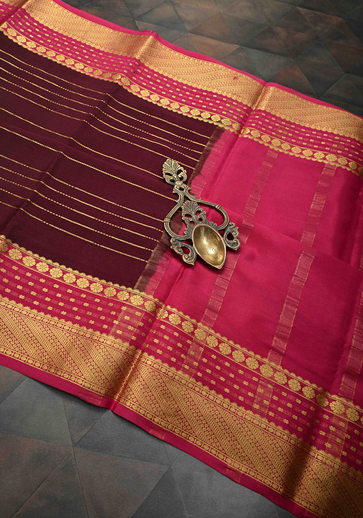 Burgundy Mysore Silk Saree with Horizontal Zari Stripes and Contrast Zari Border in KSIC Grade Thickness | SILK MARK CERTIFIED