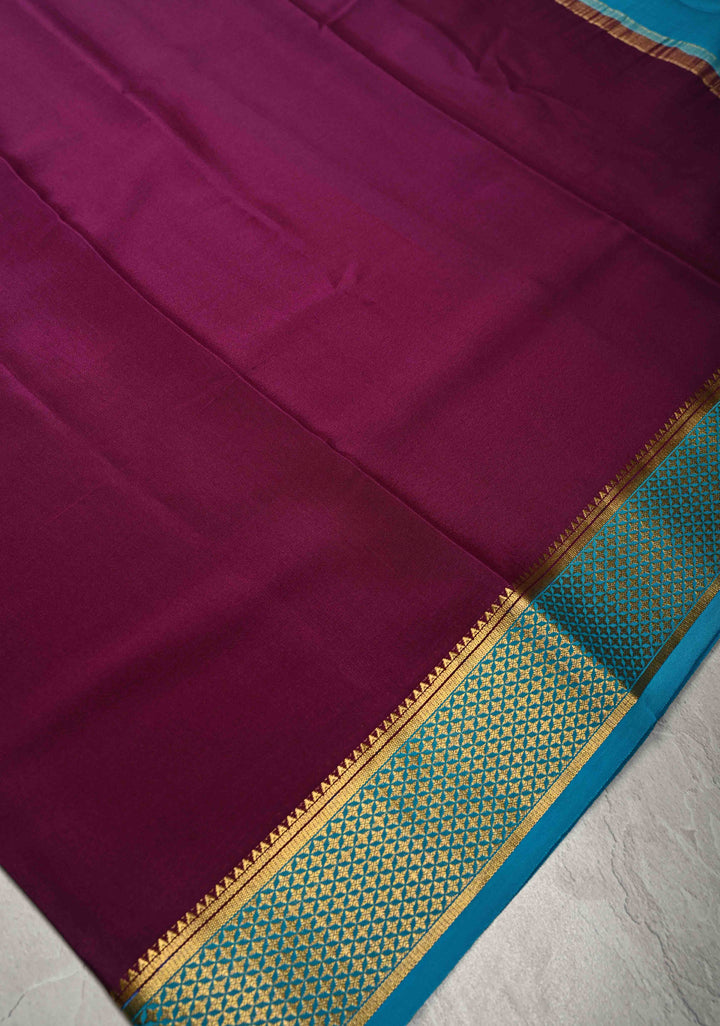 Plum Mysore Silk Saree with Contrast Zari Borders in KSIC Grade Thickness | SILK MARK CERTIFIED