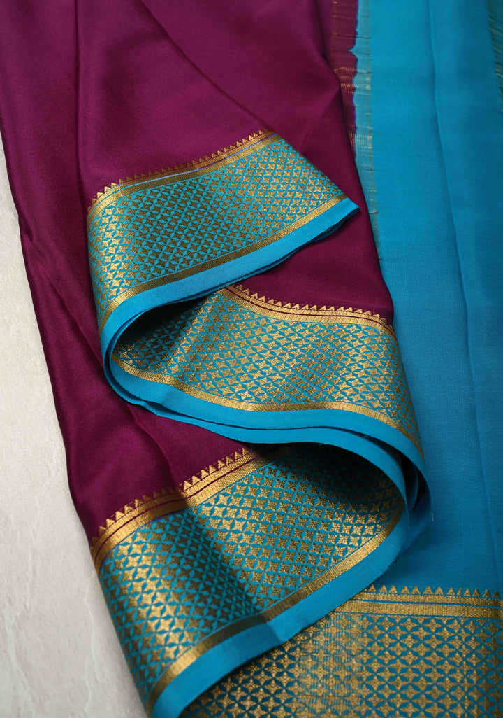 Plum Mysore Silk Saree with Contrast Zari Borders in KSIC Grade Thickness | SILK MARK CERTIFIED