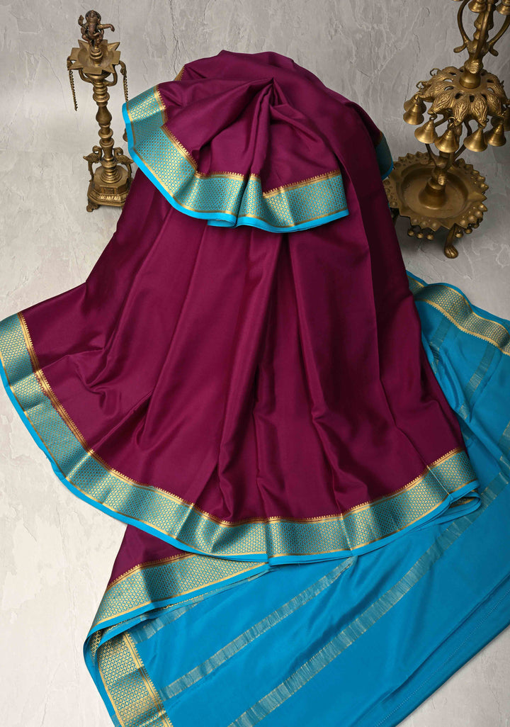 Plum Mysore Silk Saree with Contrast Zari Borders in KSIC Grade Thickness | SILK MARK CERTIFIED