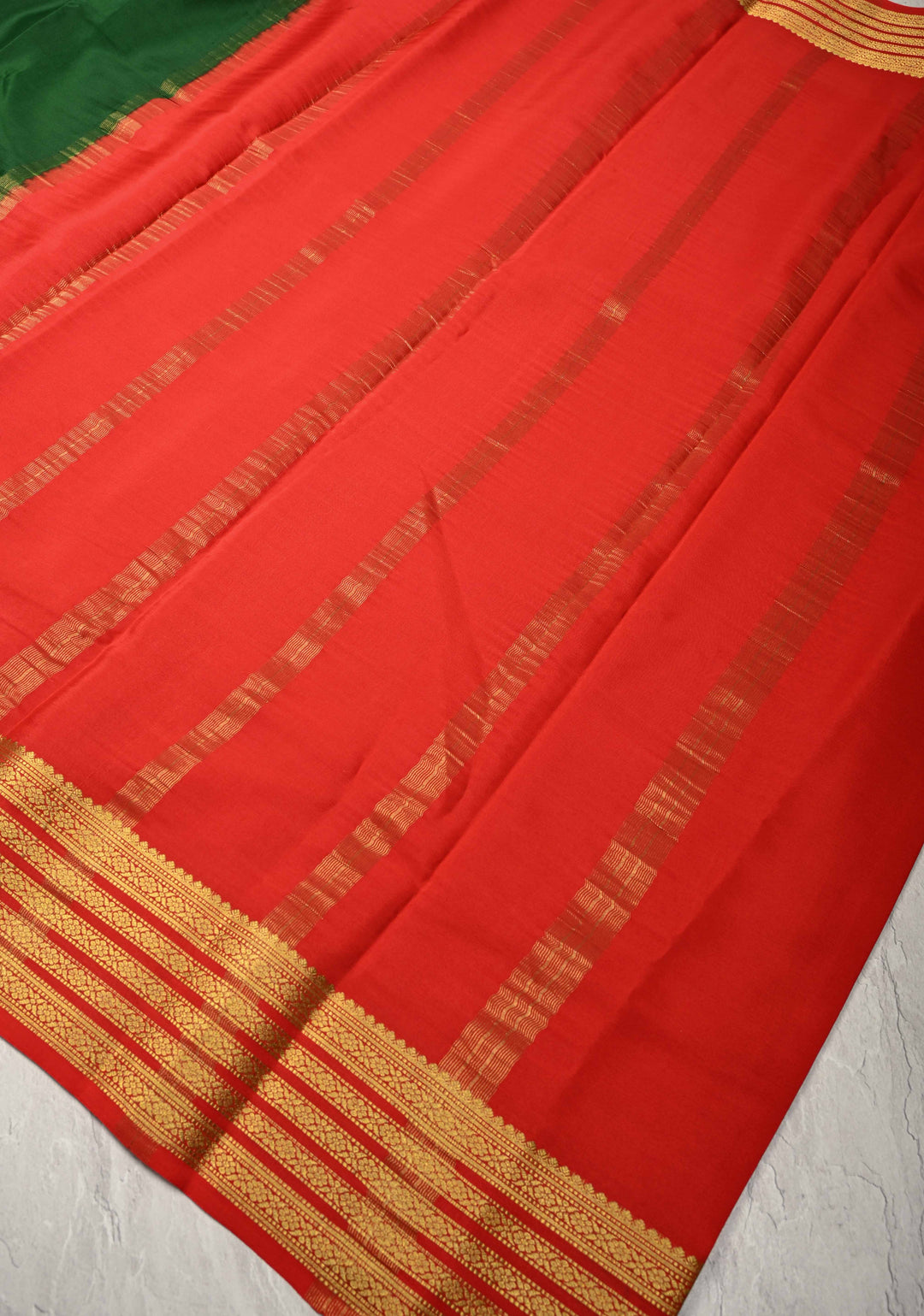 Bottle Green Mysore Silk Saree with Contrast Zari Borders in KSIC Grade Thickness | SILK MARK CERTIFIED