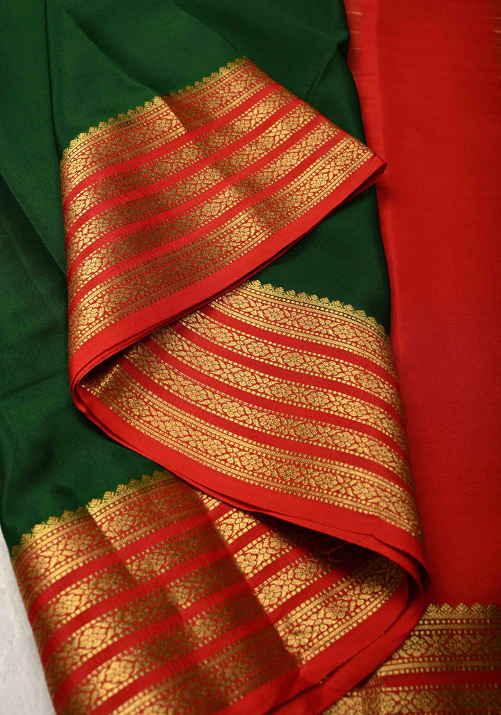 Bottle Green Mysore Silk Saree with Contrast Zari Borders in KSIC Grade Thickness | SILK MARK CERTIFIED