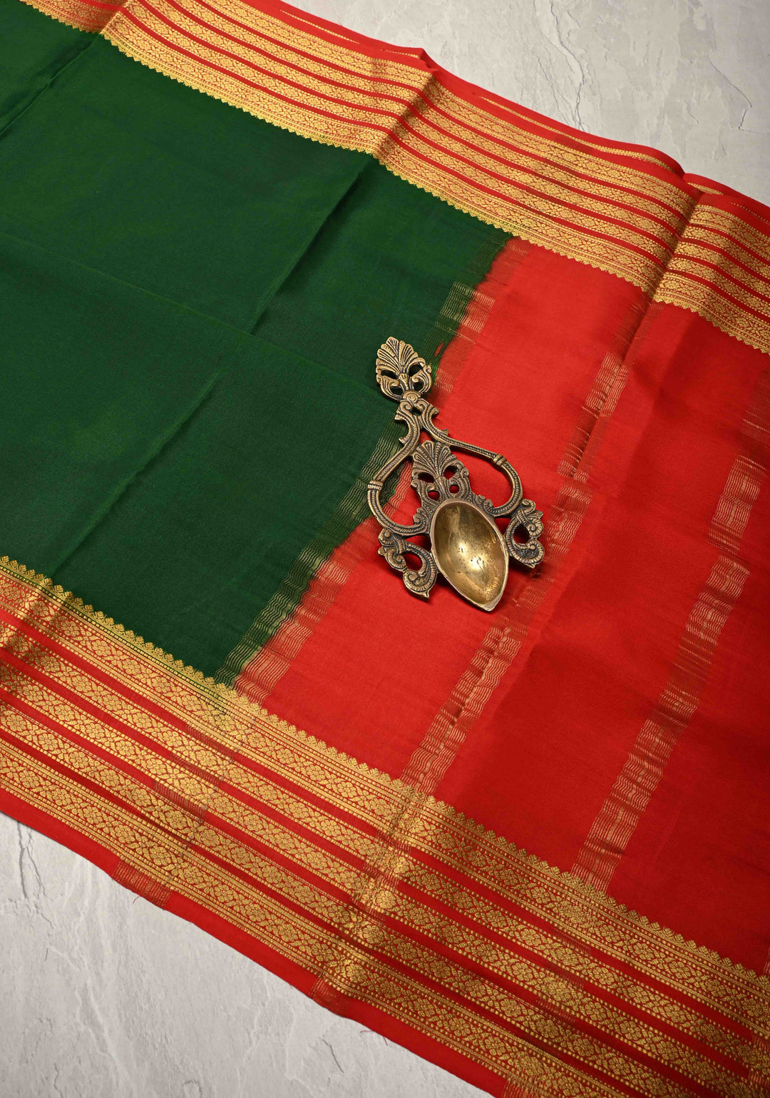 Bottle Green Mysore Silk Saree with Contrast Zari Borders in KSIC Grade Thickness | SILK MARK CERTIFIED