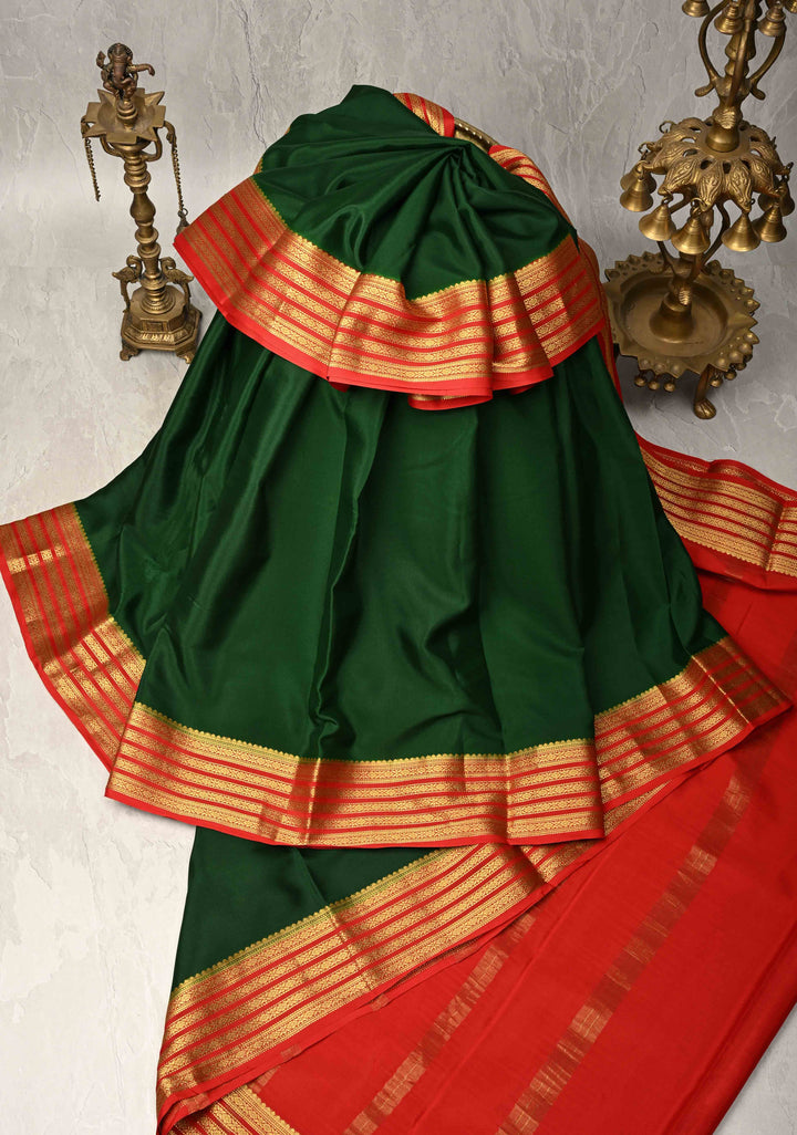 Bottle Green Mysore Silk Saree with Contrast Zari Borders in KSIC Grade Thickness | SILK MARK CERTIFIED