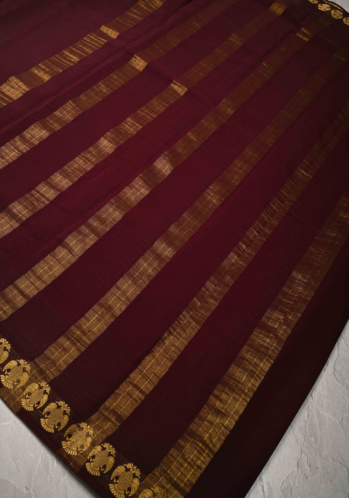 Deep Burgandy Mysore Silk Saree with Gandaberunda Motifs Borders in KSIC Grade Thickness | SILK MARK CERTIFIED