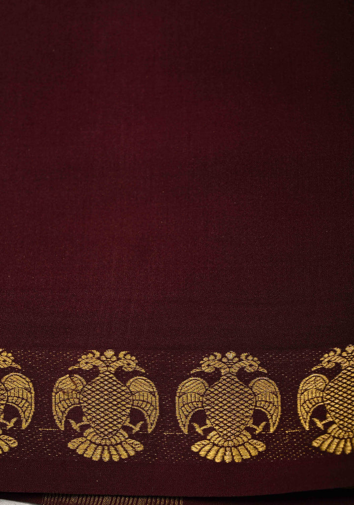 Deep Burgandy Mysore Silk Saree with Gandaberunda Motifs Borders in KSIC Grade Thickness | SILK MARK CERTIFIED