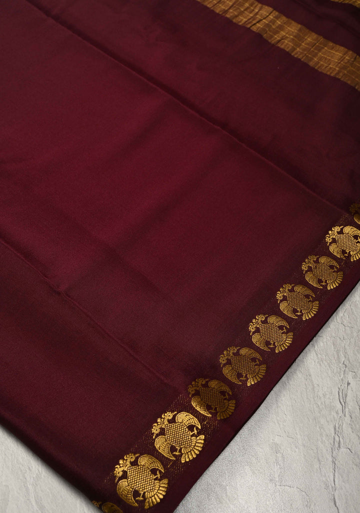 Deep Burgandy Mysore Silk Saree with Gandaberunda Motifs Borders in KSIC Grade Thickness | SILK MARK CERTIFIED