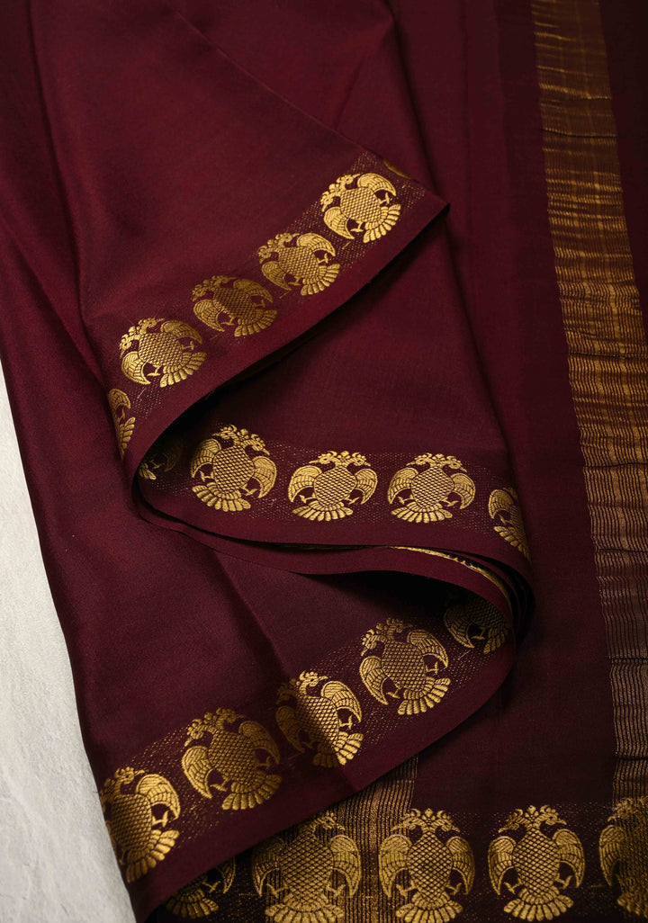 Deep Burgandy Mysore Silk Saree with Gandaberunda Motifs Borders in KSIC Grade Thickness | SILK MARK CERTIFIED