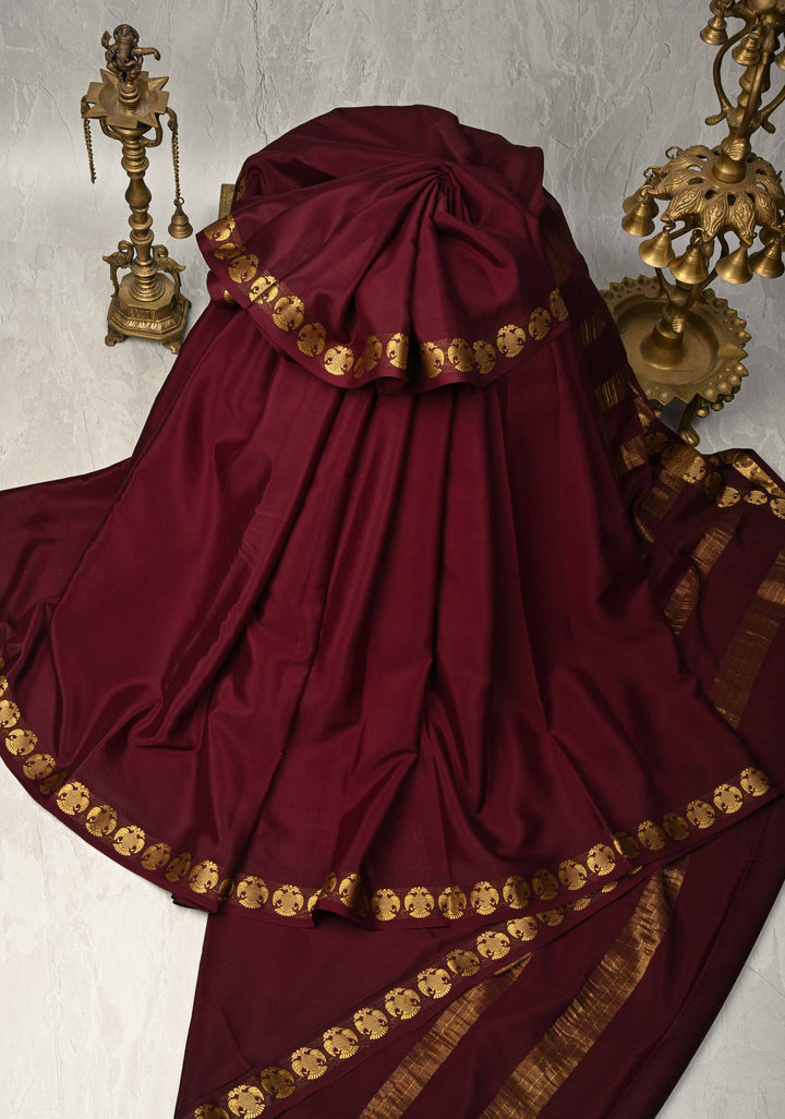 Deep Burgandy Mysore Silk Saree with Gandaberunda Motifs Borders in KSIC Grade Thickness | SILK MARK CERTIFIED