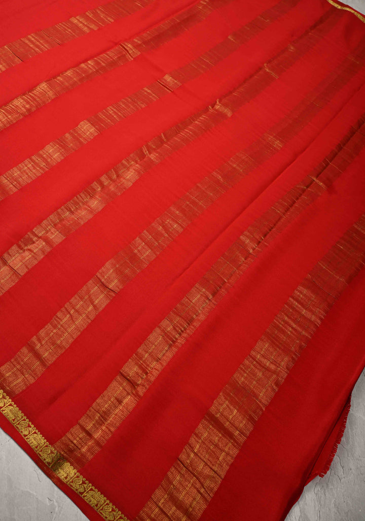 Blood Red Mysore Silk Saree with Minimal Zari Borders in KSIC Grade Thickness | SILK MARK CERTIFIED