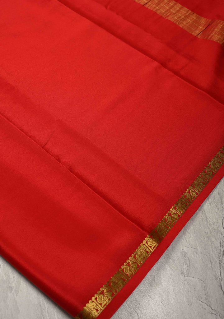 Blood Red Mysore Silk Saree with Minimal Zari Borders in KSIC Grade Thickness | SILK MARK CERTIFIED