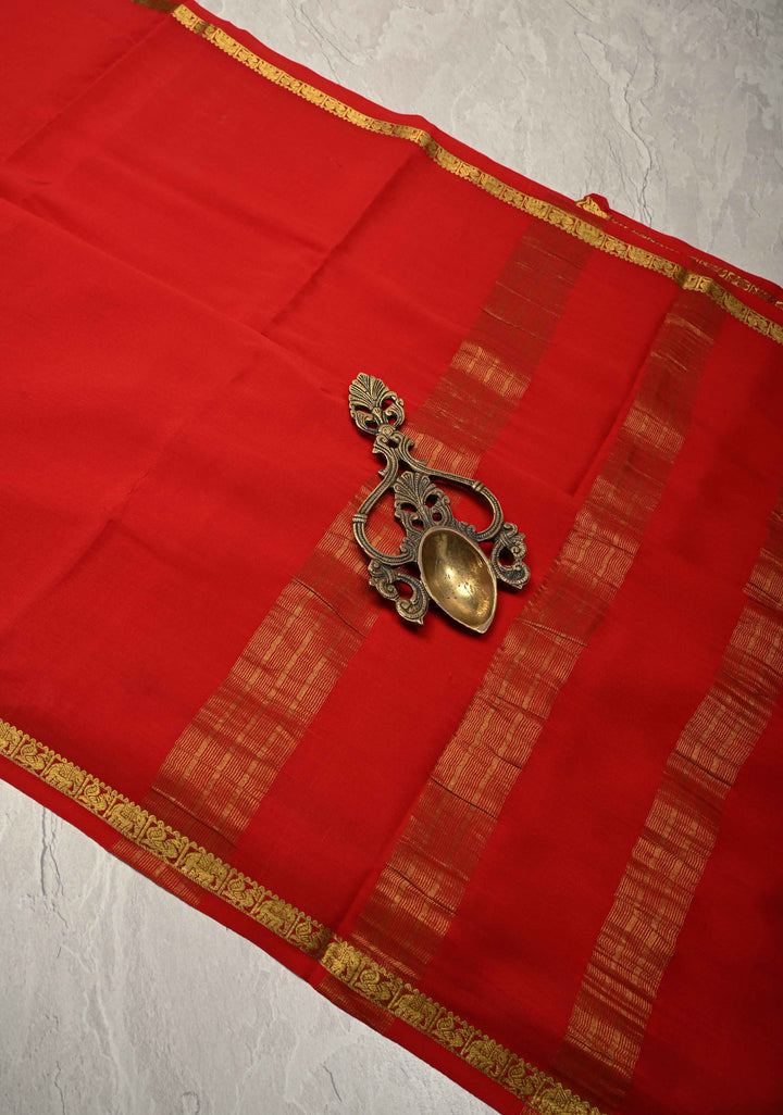 Blood Red Mysore Silk Saree with Minimal Zari Borders in KSIC Grade Thickness | SILK MARK CERTIFIED