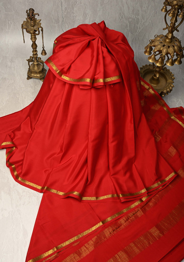 Blood Red Mysore Silk Saree with Minimal Zari Borders in KSIC Grade Thickness | SILK MARK CERTIFIED