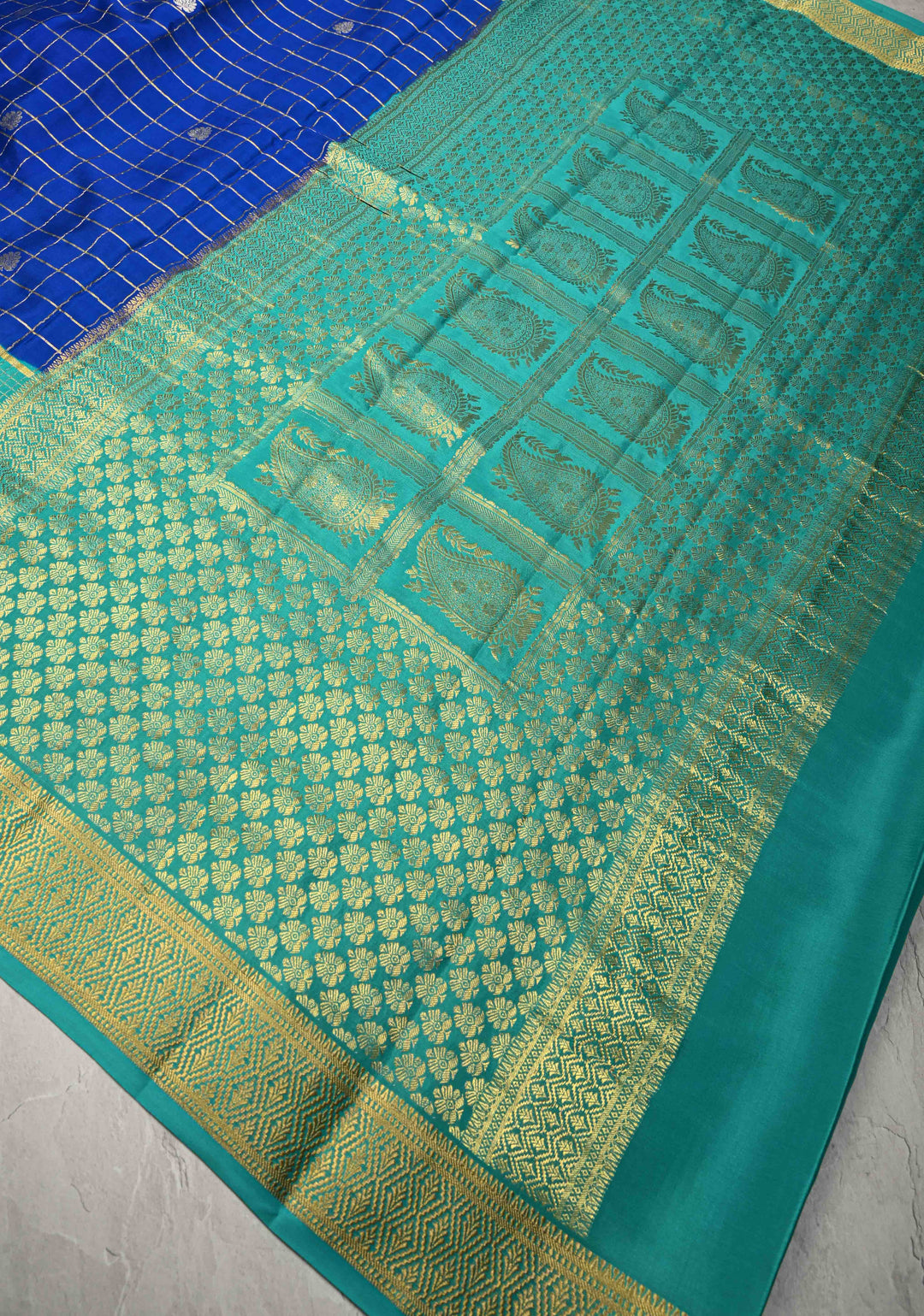 3 color Royal Blue Zari Checks on Pure Mysore Silk Saree with Zari Buttas and Panel Podi-Kattam Border in KSIC Grade Thickness | SILK MARK CERTIFIED