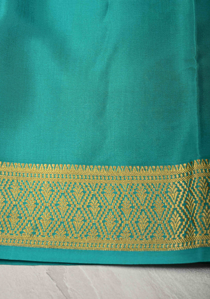 3 color Royal Blue Zari Checks on Pure Mysore Silk Saree with Zari Buttas and Panel Podi-Kattam Border in KSIC Grade Thickness | SILK MARK CERTIFIED
