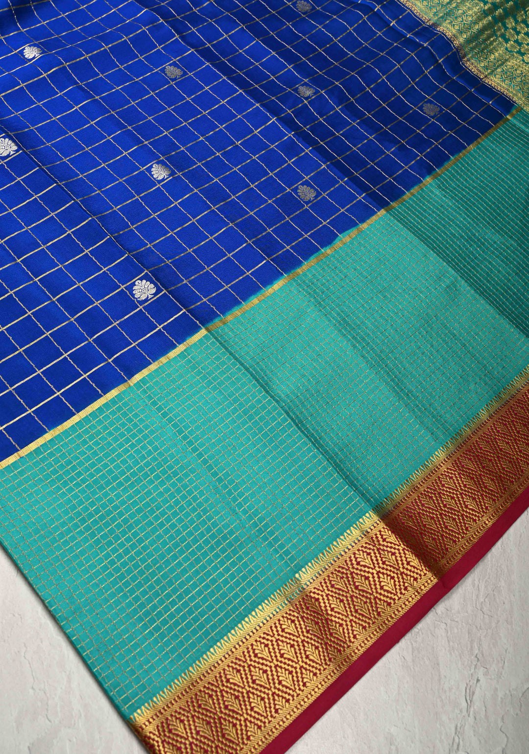 3 color Royal Blue Zari Checks on Pure Mysore Silk Saree with Zari Buttas and Panel Podi-Kattam Border in KSIC Grade Thickness | SILK MARK CERTIFIED