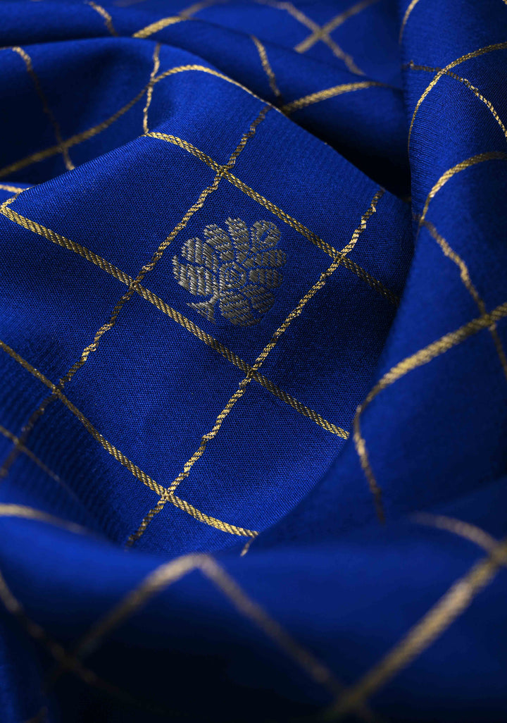 3 color Royal Blue Zari Checks on Pure Mysore Silk Saree with Zari Buttas and Panel Podi-Kattam Border in KSIC Grade Thickness | SILK MARK CERTIFIED