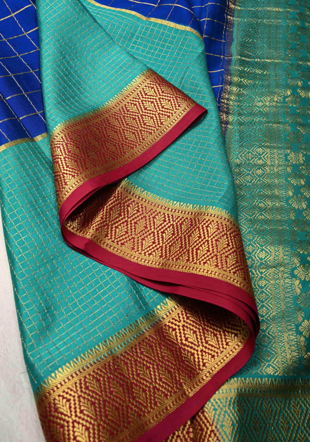 3 color Royal Blue Zari Checks on Pure Mysore Silk Saree with Zari Buttas and Panel Podi-Kattam Border in KSIC Grade Thickness | SILK MARK CERTIFIED