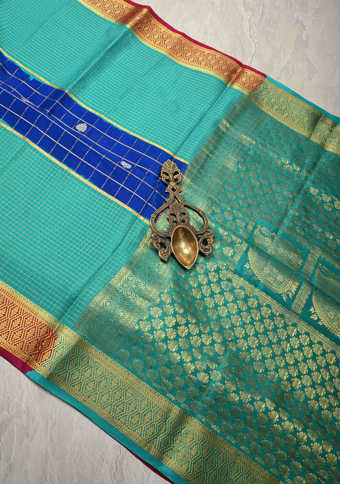 3 color Royal Blue Zari Checks on Pure Mysore Silk Saree with Zari Buttas and Panel Podi-Kattam Border in KSIC Grade Thickness | SILK MARK CERTIFIED