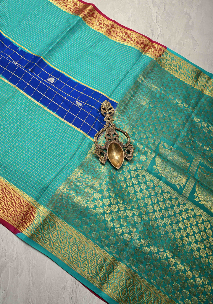 3 color Royal Blue Zari Checks on Pure Mysore Silk Saree with Zari Buttas and Panel Podi-Kattam Border in KSIC Grade Thickness | SILK MARK CERTIFIED