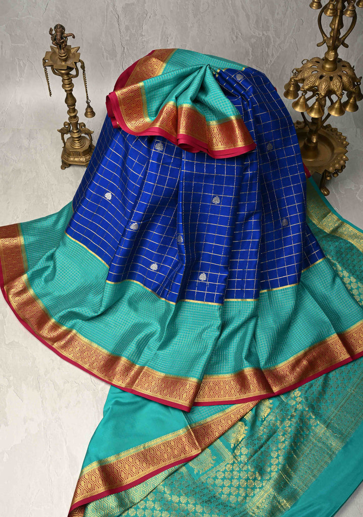 3 color Royal Blue Zari Checks on Pure Mysore Silk Saree with Zari Buttas and Panel Podi-Kattam Border in KSIC Grade Thickness | SILK MARK CERTIFIED