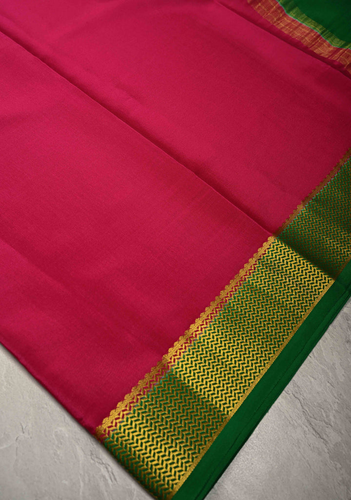 Fuchsia Mysore Silk Saree with Contrast Zari Borders in KSIC Grade Thickness | SILK MARK CERTIFIED