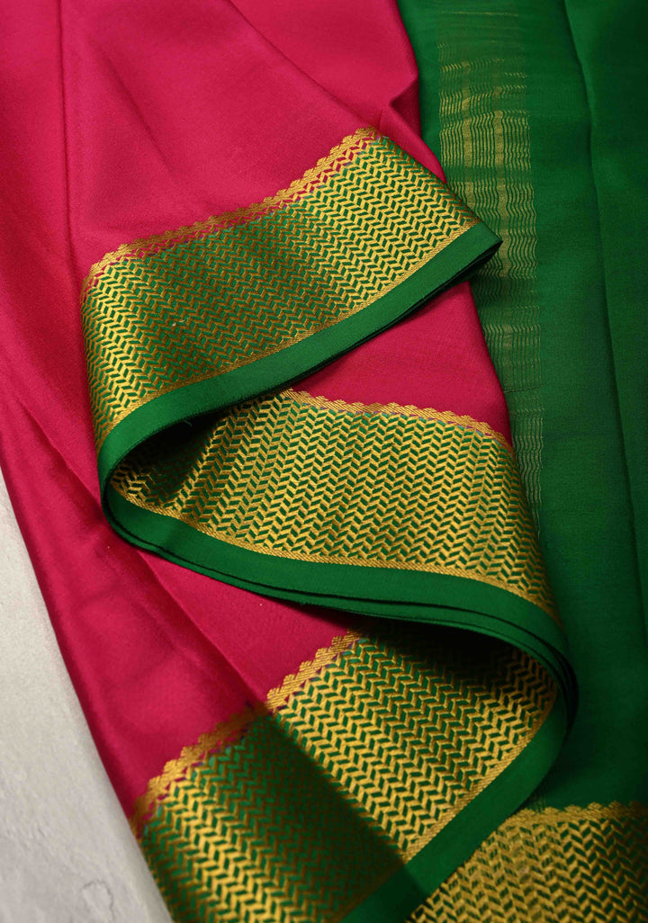 Fuchsia Mysore Silk Saree with Contrast Zari Borders in KSIC Grade Thickness | SILK MARK CERTIFIED