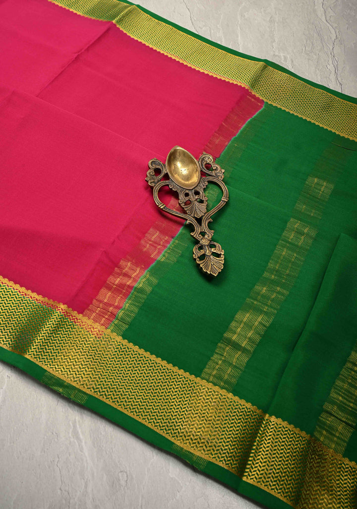 Fuchsia Mysore Silk Saree with Contrast Zari Borders in KSIC Grade Thickness | SILK MARK CERTIFIED