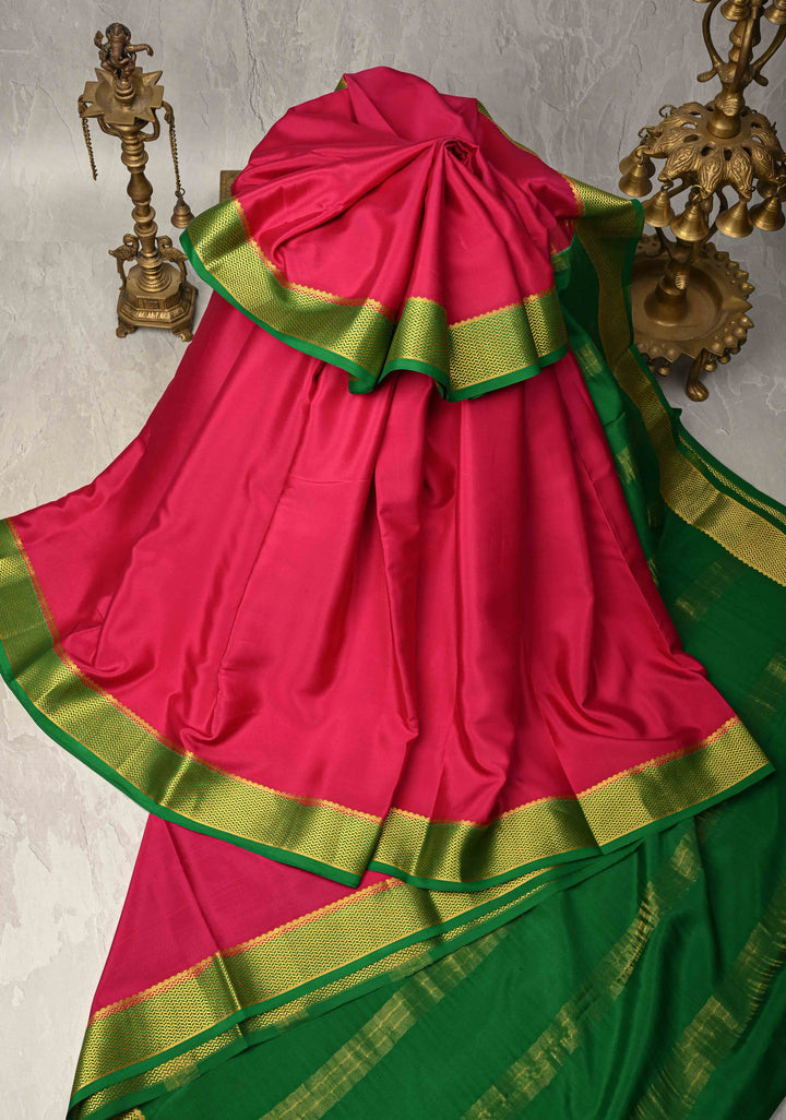 Fuchsia Mysore Silk Saree with Contrast Zari Borders in KSIC Grade Thickness | SILK MARK CERTIFIED