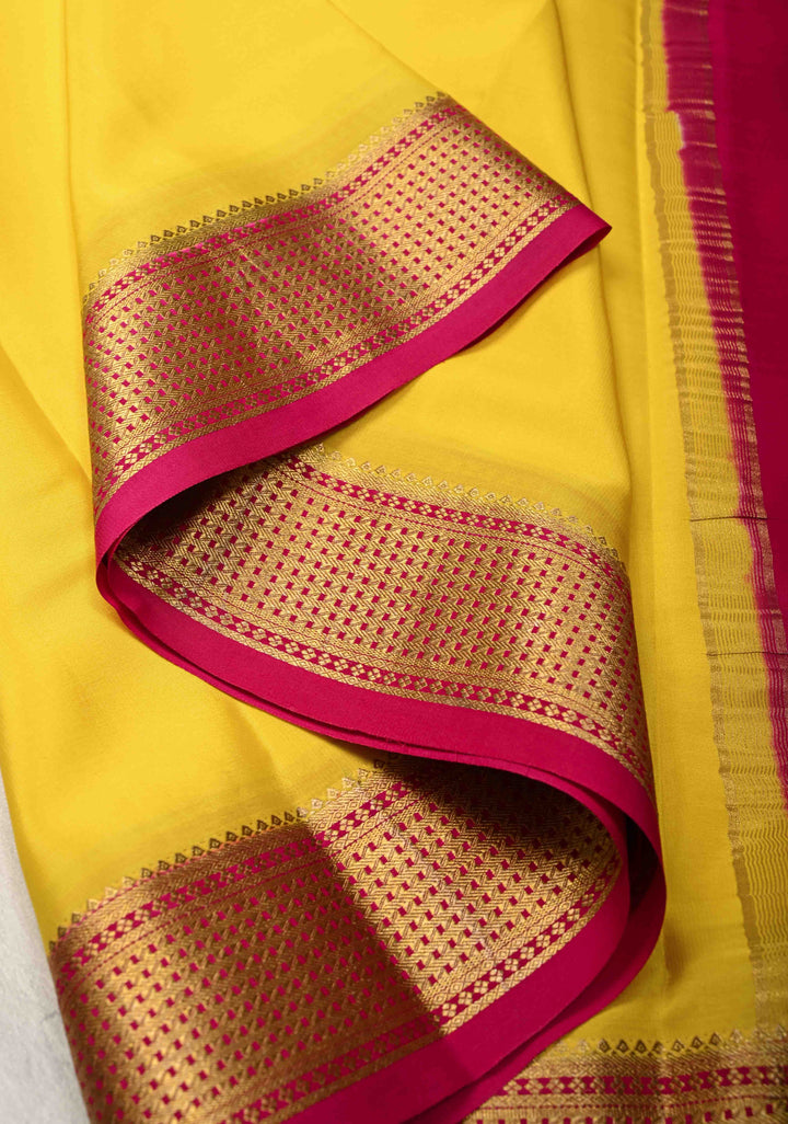 Yellow Mysore Silk Saree with Contrast Zari Borders in KSIC Grade Thickness | SILK MARK CERTIFIED