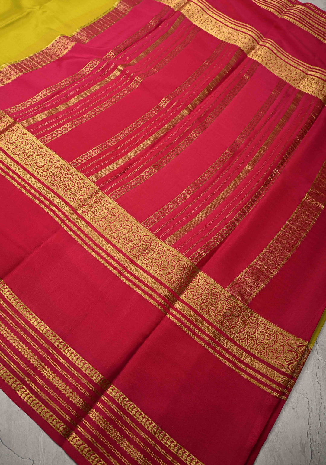 Moss Green Mysore Silk Saree with Magenta Panel and Contrast Zari Border in KSIC Grade Thickness | SILK MARK CERTIFIED