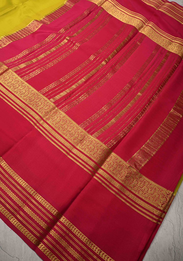 Moss Green Mysore Silk Saree with Magenta Panel and Contrast Zari Border in KSIC Grade Thickness | SILK MARK CERTIFIED