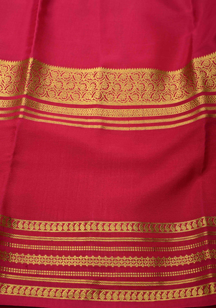 Moss Green Mysore Silk Saree with Magenta Panel and Contrast Zari Border in KSIC Grade Thickness | SILK MARK CERTIFIED