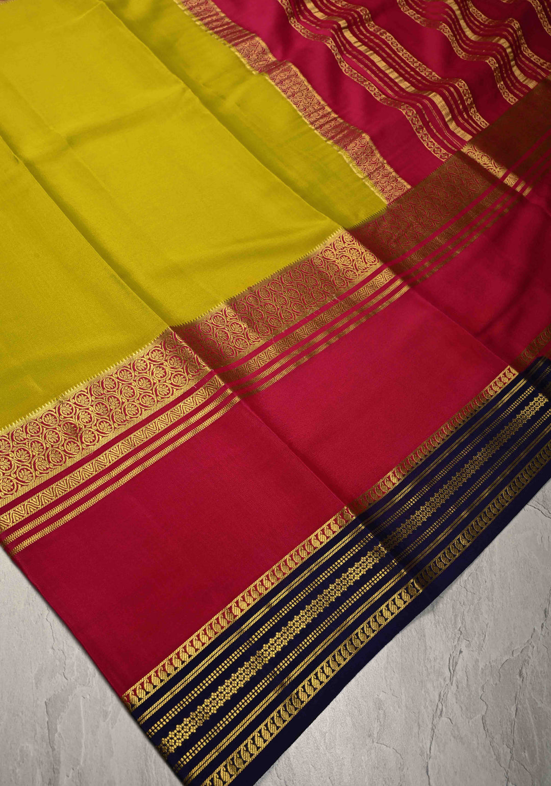Moss Green Mysore Silk Saree with Magenta Panel and Contrast Zari Border in KSIC Grade Thickness | SILK MARK CERTIFIED