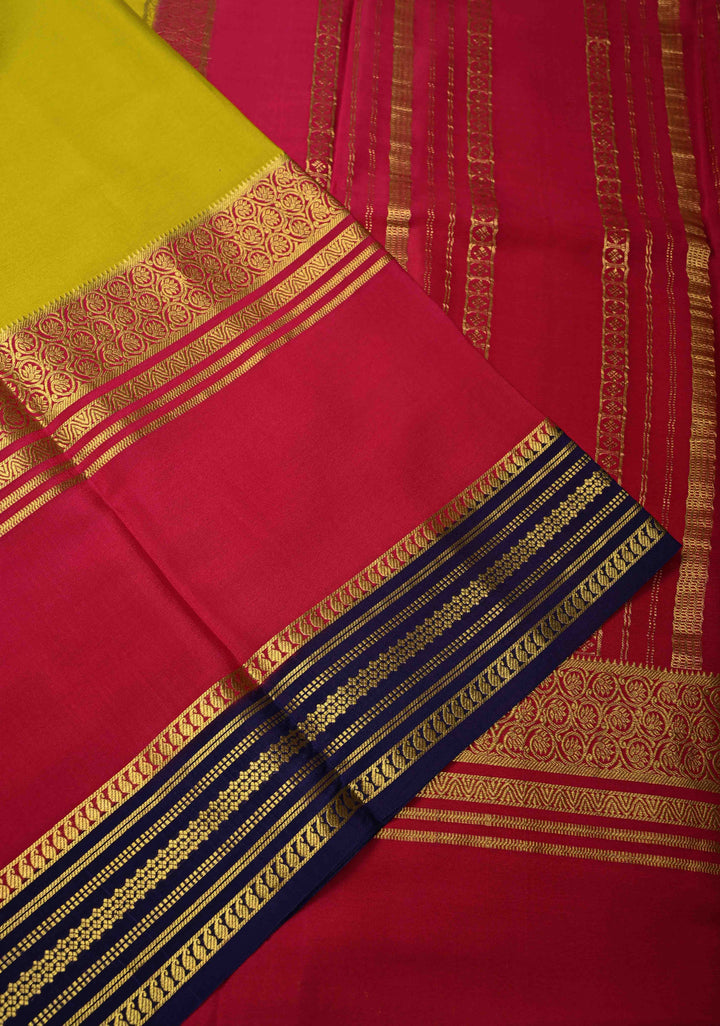 Moss Green Mysore Silk Saree with Magenta Panel and Contrast Zari Border in KSIC Grade Thickness | SILK MARK CERTIFIED
