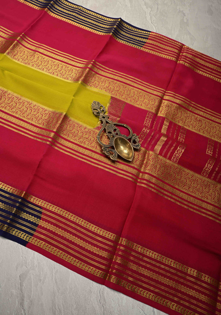 Moss Green Mysore Silk Saree with Magenta Panel and Contrast Zari Border in KSIC Grade Thickness | SILK MARK CERTIFIED