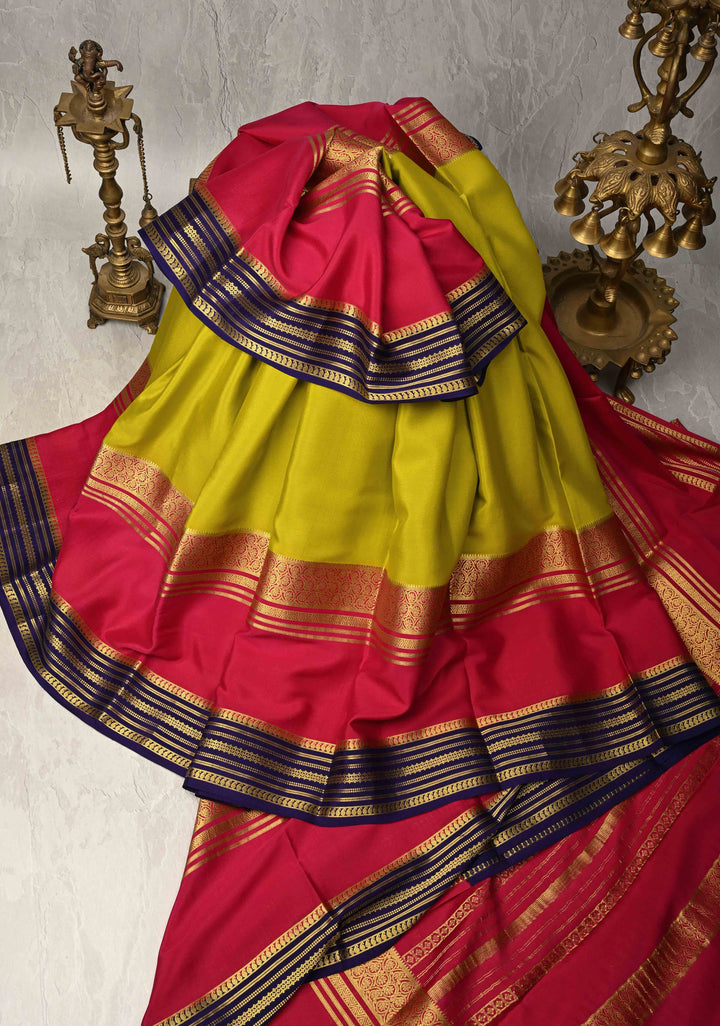 Moss Green Mysore Silk Saree with Magenta Panel and Contrast Zari Border in KSIC Grade Thickness | SILK MARK CERTIFIED