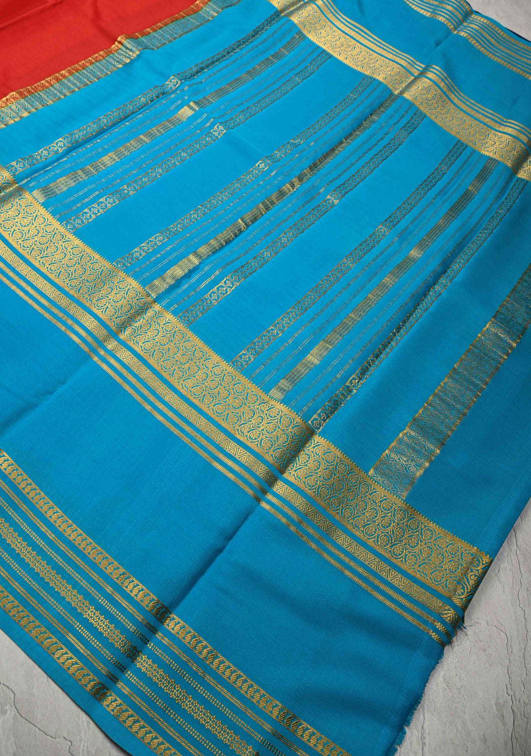 Carmine Red Mysore Silk Saree with Blue Panel and Zari Border in KSIC Grade Thickness | SILK MARK CERTIFIED