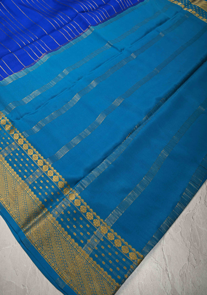 Royal Blue Mysore Silk Saree with Horizontal Zari Stripes and Zari Border in KSIC Grade Thickness | SILK MARK CERTIFIED